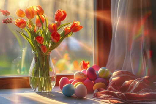Glass vase with vibrant tulips beside a colorful pile of easter eggs on a table. sunbeams create a warm, inviting atmosphere, ideal for seasonal home decor, cards, or spring celebration designs. light filters elegantly through a window.