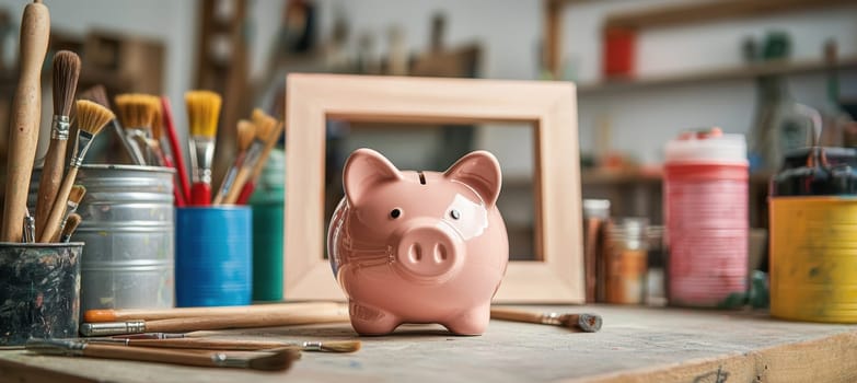 Piggy bank on a workshop bench symbolizes saving for diy projects, surrounded by paint cans, brushes, and a wooden frame. the background reveals a bustling creative workspace, emphasizing the concept of home improvement and financial planning.