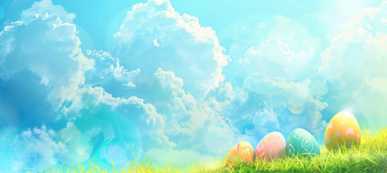 Vibrant easter banner featuring pastel-colored eggs on a grassy hill under a bright blue sky with fluffy white clouds. ideal for cheerful spring-themed designs, posters, and holiday greeting cards, capturing the festive essence of easter.