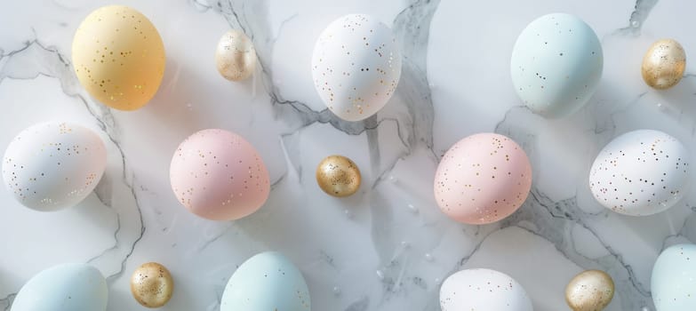 Minimalist flat lay of pastel-colored easter eggs arranged in a circle on a marble background with subtle golden accents. this modern design is ideal for use in seasonal advertising, social media graphics, or holiday-themed print materials.