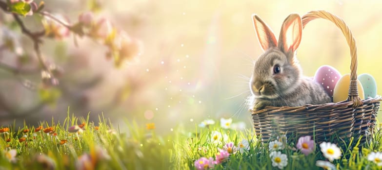 Fluffy bunny nestled in a wicker basket filled with colorful easter eggs, set on a bright green lawn with blooming flowers. the sunlit scene captures a family-friendly atmosphere, perfect for spring festivities and seasonal designs.