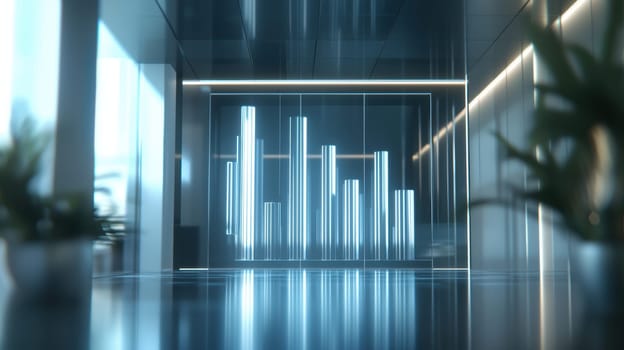 A modern bar chart showcasing the revenue of the top five global companies in 2023. featuring metallic, reflective bars illuminated by ambient lighting, set against a blurred cityscape backdrop, emphasizing growth and innovation.