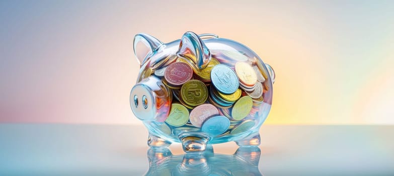 Transparent glass piggy bank filled with various colorful coins, symbolizing clear and transparent savings. positioned on a reflective surface with a soft gradient background, financial growth and budget management themes.