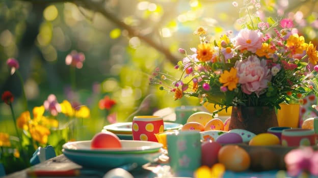 Festive easter table set outdoors in a vibrant garden adorned with colorful plates, painted eggs, and a bouquet of fresh spring flowers, illuminated by bright sunlight, creating a cheerful holiday atmosphere.