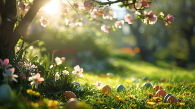 Soft sunlight filters through a peaceful garden, adorned with hidden easter eggs among blooming flowers. the tranquil setting provides an ideal backdrop for holiday-themed designs, capturing the essence of spring and renewal.