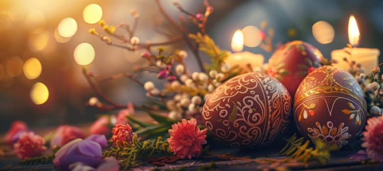 Hand-painted wooden eggs with intricate designs are surrounded by vibrant flowers and candles on a table. the warm ambiance and detailed craftsmanship evoke a traditional easter celebration, perfect for seasonal designs and decorations.