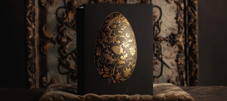 A luxurious easter card features a golden egg adorned with intricate floral designs on a deep black background. the elegant egg rests on a velvet cushion, exuding sophistication and style, perfect for high-end designs and celebrations.