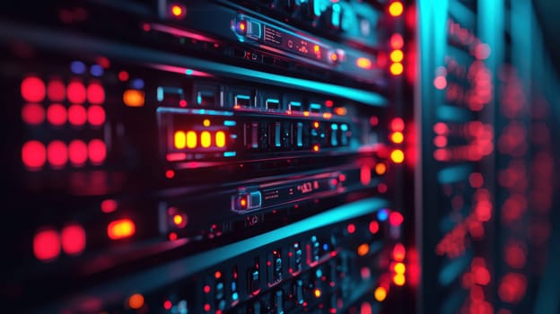 Detailed view of a server rack's front panel with flashing lights in a dimly lit data center. the focus on the control panel highlights modern technology and innovation. ideal for use in tech-related content and presentations.
