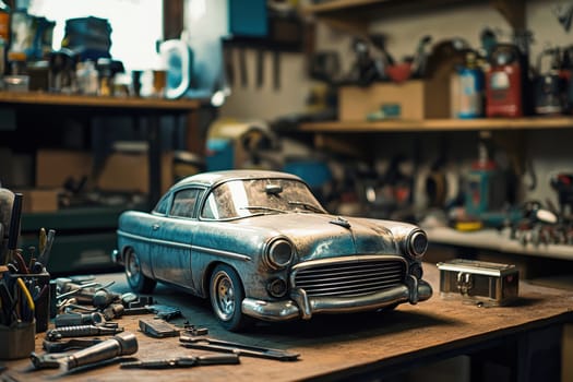 A piggy bank designed as a classic car sits on a vintage workbench filled with tools and car parts in a garage. ideal for concepts of saving for a car restoration or purchase, merging the aesthetics of classic automobiles with finance.