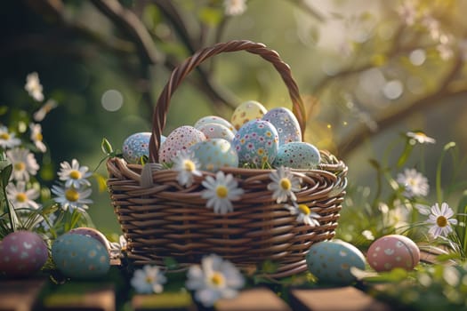 A wicker basket brimming with pastel-colored easter eggs rests on a picnic table adorned with scattered fresh flowers. the scene is bathed in soft natural sunlight, creating a serene and festive spring atmosphere.