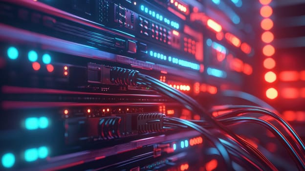 Close-up of a server rack in a data center showcasing flashing led lights and neatly arranged cables. the scene highlights the intricate details of data center hardware, capturing the efficiency and technological sophistication of modern it infrastructure.