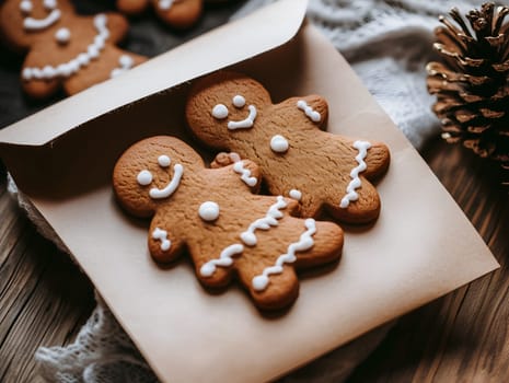 Close-up of two gingerbread cookies with white icing placed in a paper envelope. Surrounded by festive elements like pinecones, the image evokes holiday cheer, warmth, and homemade charm.