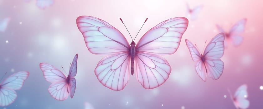 A butterfly with a rainbow colored body flies in the air. The other butterflies are also flying in the background