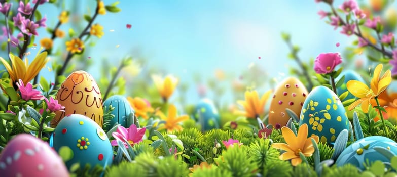 Brightly colored easter eggs are nestled among lush spring flowers and bushes in this cheerful garden scene. the sunny atmosphere and vibrant colors create a joyful holiday mood, offering ample space for text at the top.
