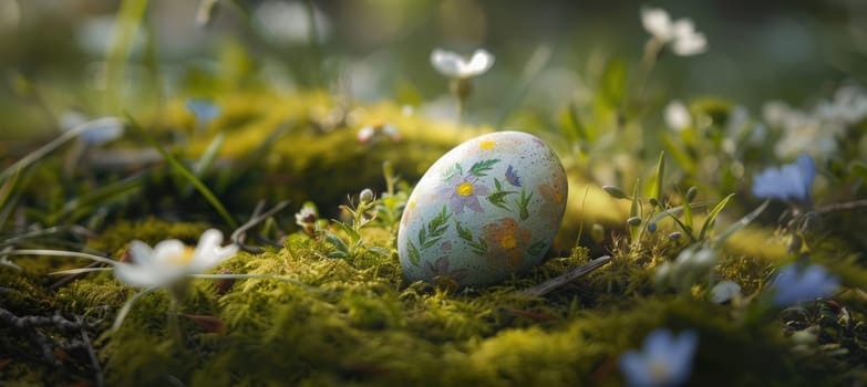 A delicately hand-painted easter egg rests on a lush bed of moss, surrounded by small wildflowers. the simple, natural arrangement evokes tranquility and offers ample space for holiday-themed text or designs. perfect for seasonal greetings.