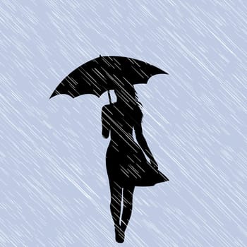 Woman silhouette with umbrella in a rainy and windy day