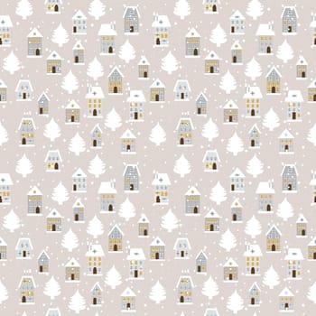 Winter landscape with houses and fir trees, seamless pattern