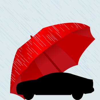 Insurance concept with black car under a red umbrella and rain