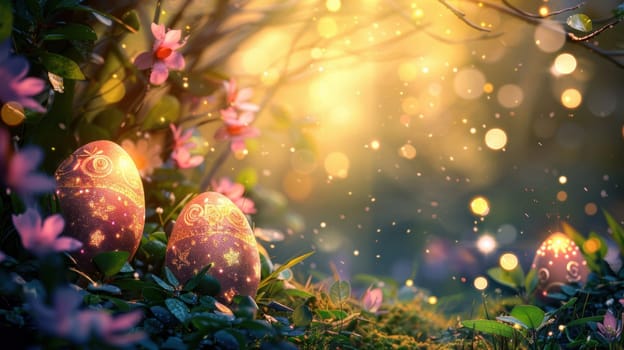 Whimsical easter scenery showcases a hidden garden adorned with oversized glowing eggs among lush foliage. soft twilight and sparkling lights create a magical, fairy-tale atmosphere. ideal for festive designs and holiday themes.