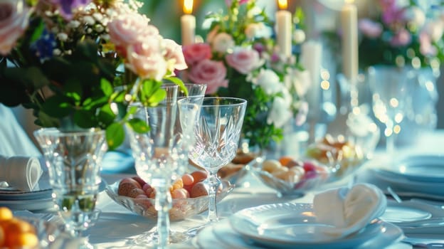 Luxurious easter brunch setting featuring a long table with crystal glasses and fine china. gourmet dishes and vibrant spring flowers beautifully enhance the scene, complemented by pastel linens and elegant decorations for a festive atmosphere.