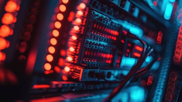 Close-up of a server rack's intricate network in a data center, featuring brightly flashing lights and numerous cables. the dark environment accentuates the glow, showcasing technology's complexity and connectivity.