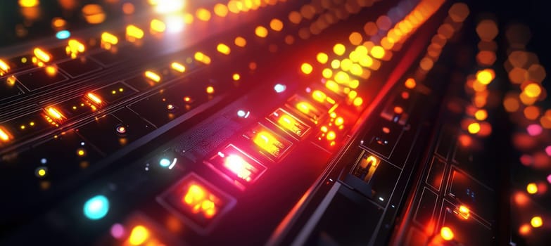 High-resolution close-up of a sleek server panel in a modern data center. flashing lights indicate active data flow, reflecting off the smooth hardware surface, conveying a sense of advanced technology and efficiency.