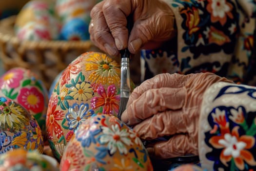 Hands carefully decorate traditional easter eggs with vibrant floral patterns, showcasing artistic detail. surrounded by brushes and paints, the scene embodies holiday creativity and cultural craftsmanship, set against a background of finished eggs.