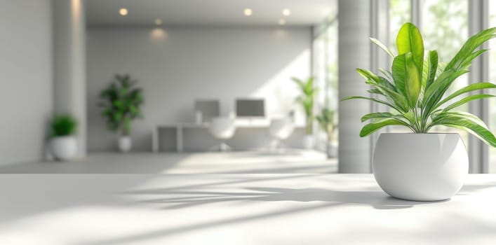 Spacious workspace: bright interior, greenery touch, blank text area, functional layout, peaceful ambiance, natural light, modern aesthetic, serene atmosphere, professional tone, inviting atmosphere