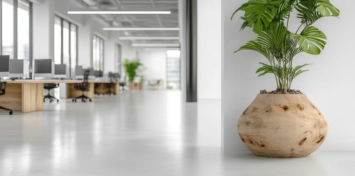 Spacious workspace: bright interior, greenery touch, blank text area, functional layout, peaceful ambiance, natural light, modern aesthetic, serene atmosphere, professional tone, inviting atmosphere