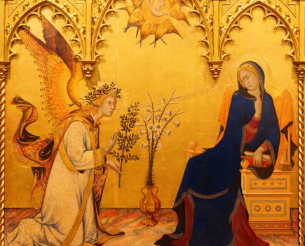 Florence, Italy, January 4, 2024: Annunciation. Simone Martini and Lippo Memmi. Uffizi Gallery