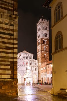 Night view of the Cathedral of Saint Martin in Lucca. Italy. Vertical shot