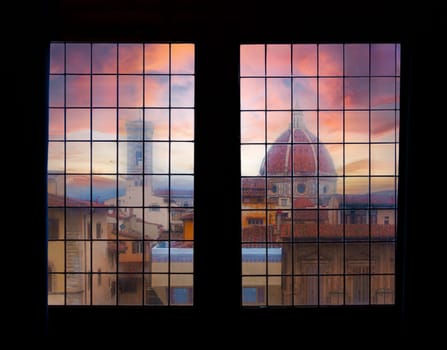 Beautiful view of the Florence Duomo at sunset from a window of the Palazzo Vecchio
