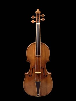 A front view of the "Gould" Stradivarius violin, a 1693 antique violin crafted by Antonio Stradivari.