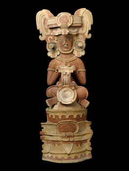 A Maya ceramic censer depicting a seated king holding a censer, dating back to 300-400 CE.