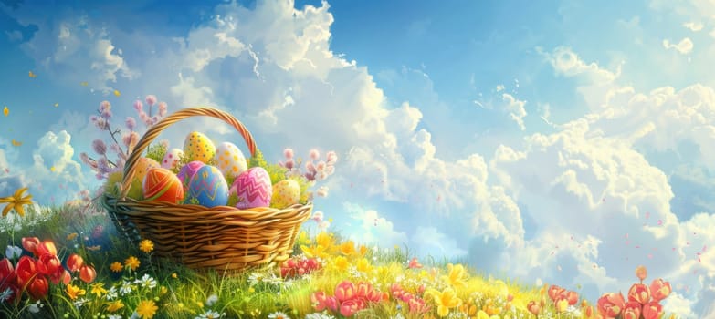 A colorful easter basket filled with ornate eggs sits in a lush spring meadow, adorned with vibrant flowers. the clear blue sky and fluffy clouds create a cheerful background, ideal for festive designs or holiday-themed projects.