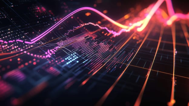 Futuristic 3d line graph illustrating the significant growth of global cloud storage from 2015 to 2024. featuring vibrant neon lines and dynamic data points on a dark, high-tech backdrop, this image highlights technological advancement.