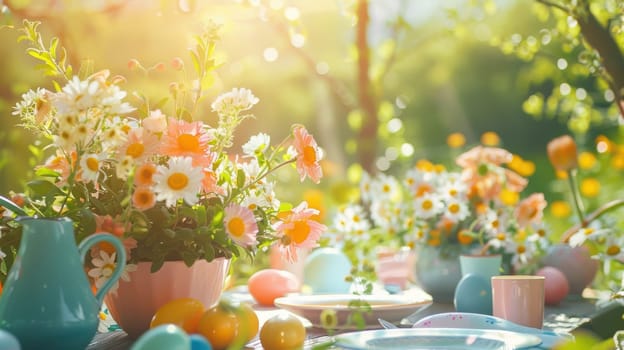A beautifully arranged outdoor table in a vibrant garden showcases pastel-colored easter eggs, delicate spring flowers, and charming tableware. bright sunlight enhances the festive and serene atmosphere, perfect for celebrating easter.