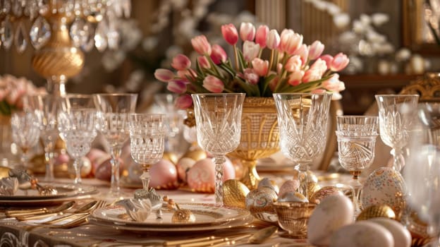 Luxurious easter dining table adorned with crystal glasses and elegant tableware. golden accents highlight the festive atmosphere, complemented by a centerpiece of tulips and intricately decorated pastel eggs, perfect for a spring celebration.