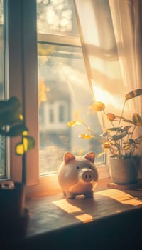 A piggy bank is positioned on a sunlit windowsill, with warm rays illuminating the cozy living room. this symbolizes financial optimism and future prosperity, adding a sense of warmth and security to the peaceful indoor environment.