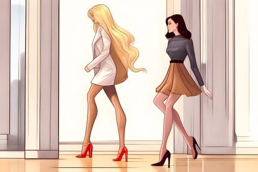 A girl with an unconventional appearance confidently moves through a chic space with aspiring models, displaying her determination and style.