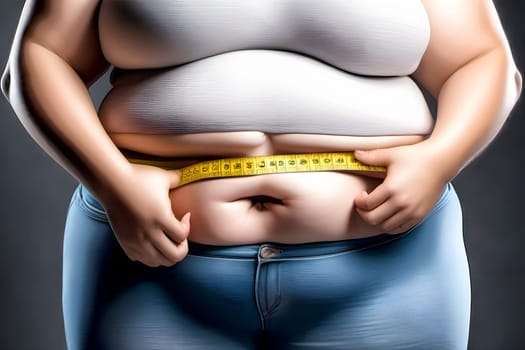 A plump woman measures her waist with a tape, embracing body positivity while focusing on her healthy lifestyle and nutrition choices.
