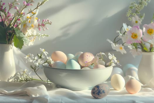 Pastel-painted easter eggs in a bowl, adorned by delicate spring flowers in small vases, illuminated by soft morning light. a serene and elegant scene perfect for festive and floral-themed designs.