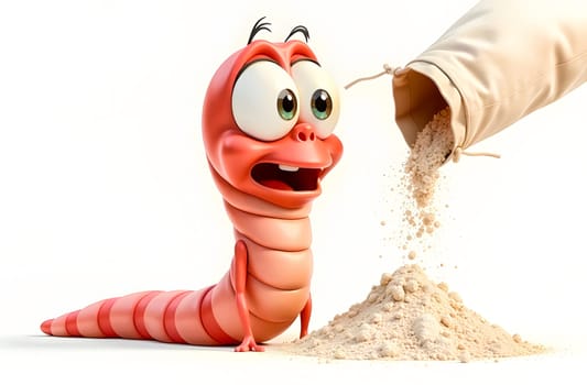 A vibrant worm appears shocked while a gardener pours pesticide powder in a garden, addressing insect pests during summer.