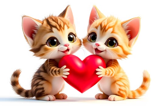 Two adorable cartoon kittens hold a vibrant red heart together, expressing love and happiness for Valentine\'s Day in a playful manner.