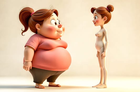 A confident chubby girl stands smiling next to a mannequin representing a thin model, embodying body positivity and ambition.