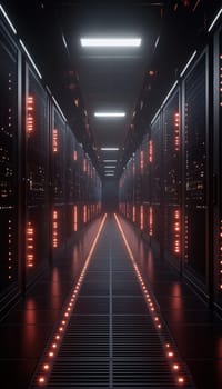 A modern data center hallway lined with glowing server racks, creating a striking visual of technological advancement. the perspective emphasizes the endless rows of servers, the facility's sophistication and capacity.