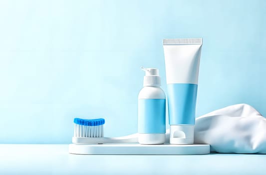 Display of essential dental care products, including toothpaste, mouthwash, and a toothbrush, all arranged harmoniously on a counter.