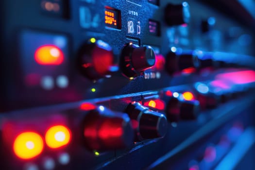 Detailed view of a server's front panel in a modern data center, showcasing flashing led indicators and control knobs. captures the intricate hardware and technology essential for efficient it infrastructure and data management.