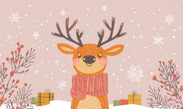Christmas card with cartoon reindeer on pink background. Selective focus.