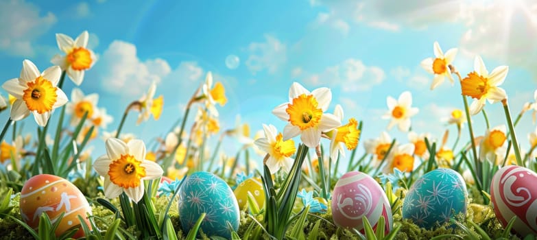 Blooming daffodils and vividly colored easter eggs are scattered across a sunlit field, set against a backdrop of a clear blue sky with fluffy clouds. the scene evokes a cheerful springtime atmosphere perfect for easter celebrations.